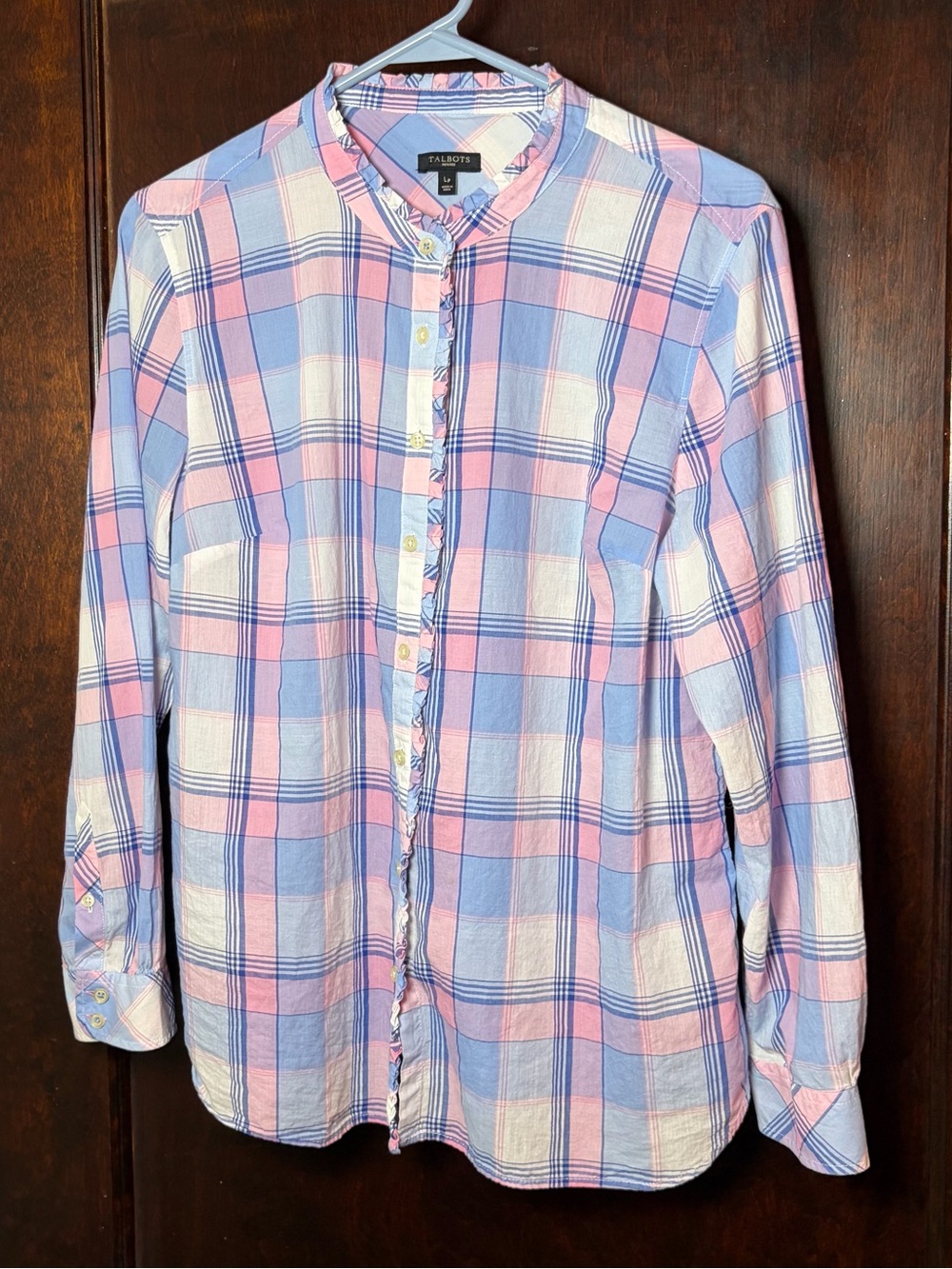 Talbots Blouse Large Petite Long Sleeve Plaid Pink Blue 100% Cotton Button Up